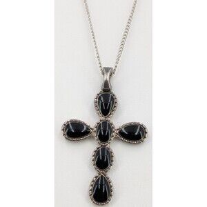 Reversible Cross Pendant Necklace Silver Plated Black Turquoise Enamel 38 Inch